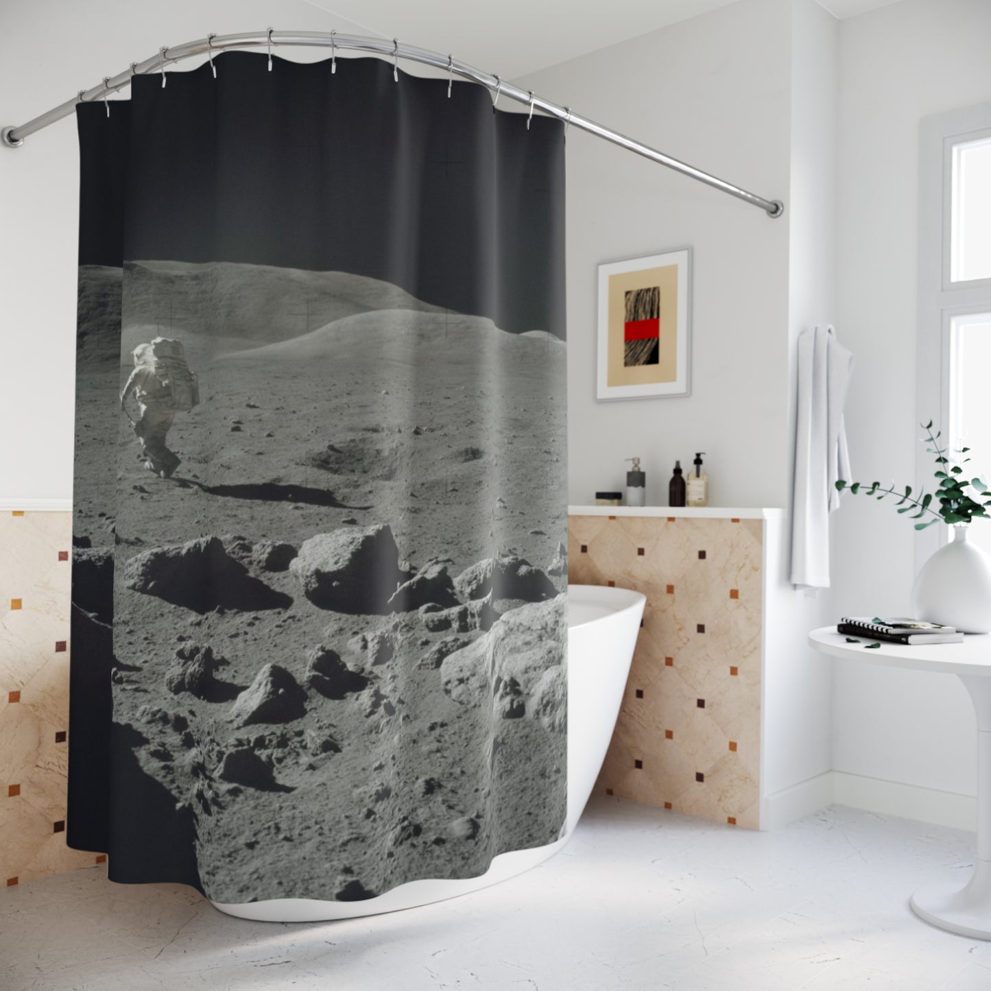 Moon Walking Shower Curtains ~ Lunar Landing Mission Apollo 17 NASA Astronomy Astrophysics Regolith Space Decor Science Cosmic Planets Chill