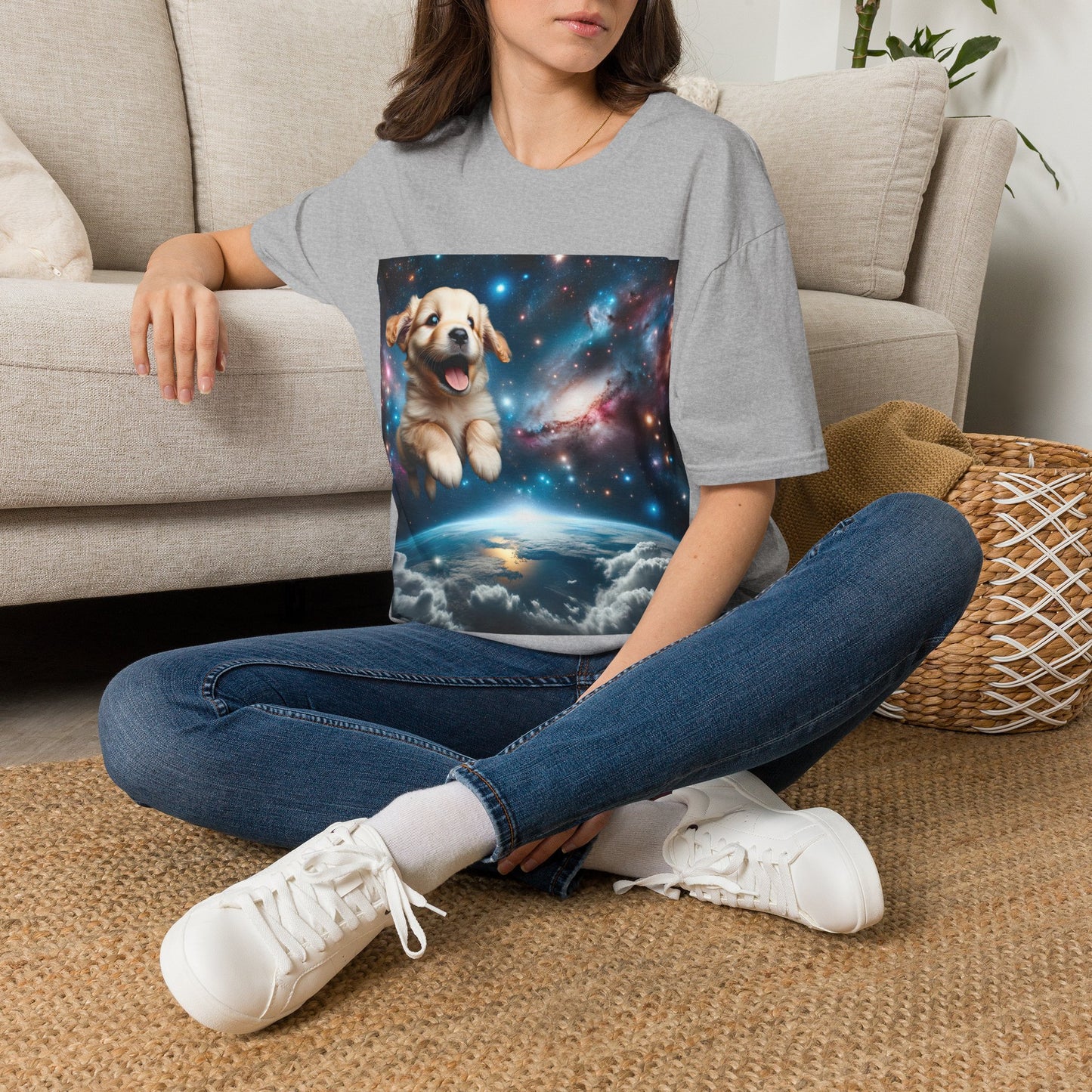 Space Puppy ~ Unisex Softstyle T-Shirt, Cosmic Doggo, Flying Pupper, Good Boi Achieves Escape Velocity
