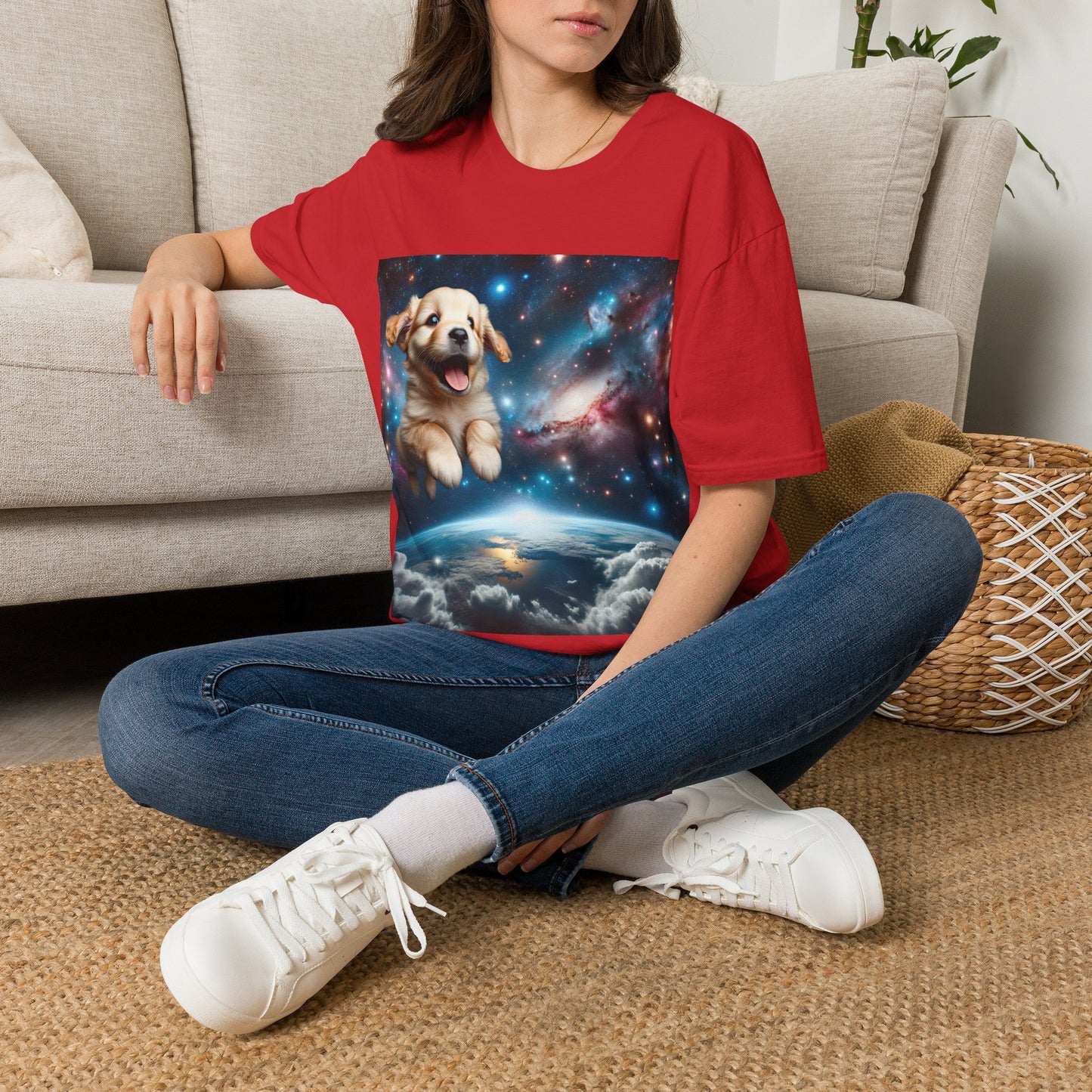 Space Puppy ~ Unisex Softstyle T-Shirt, Cosmic Doggo, Flying Pupper, Good Boi Achieves Escape Velocity