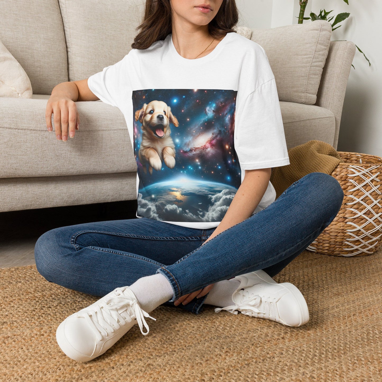 Space Puppy ~ Unisex Softstyle T-Shirt, Cosmic Doggo, Flying Pupper, Good Boi Achieves Escape Velocity