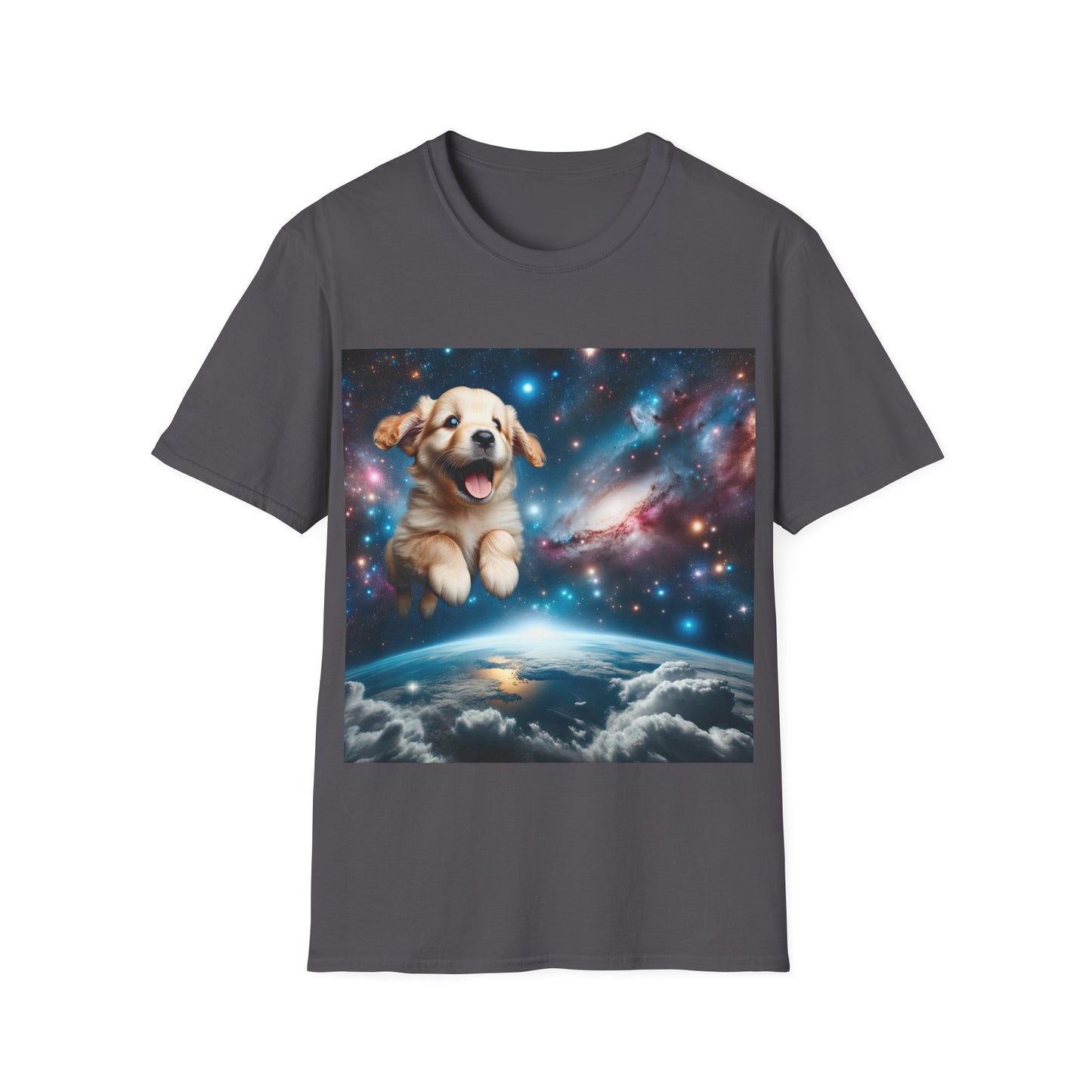 Space Puppy ~ Unisex Softstyle T-Shirt, Cosmic Doggo, Flying Pupper, Good Boi Achieves Escape Velocity