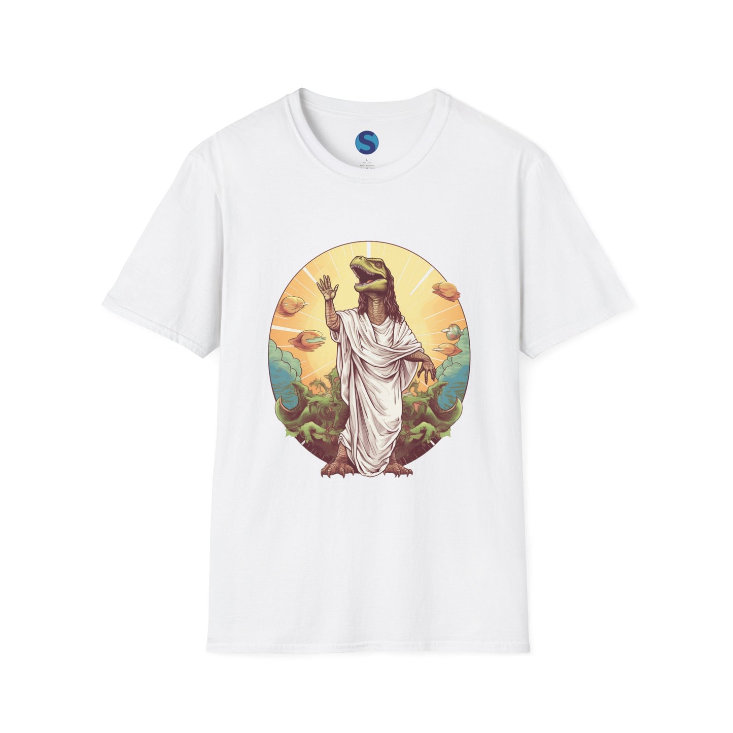 Dinosaur Jesus ~ Unisex Softstyle T-Shirt, Dinos, Jesus, UFOs