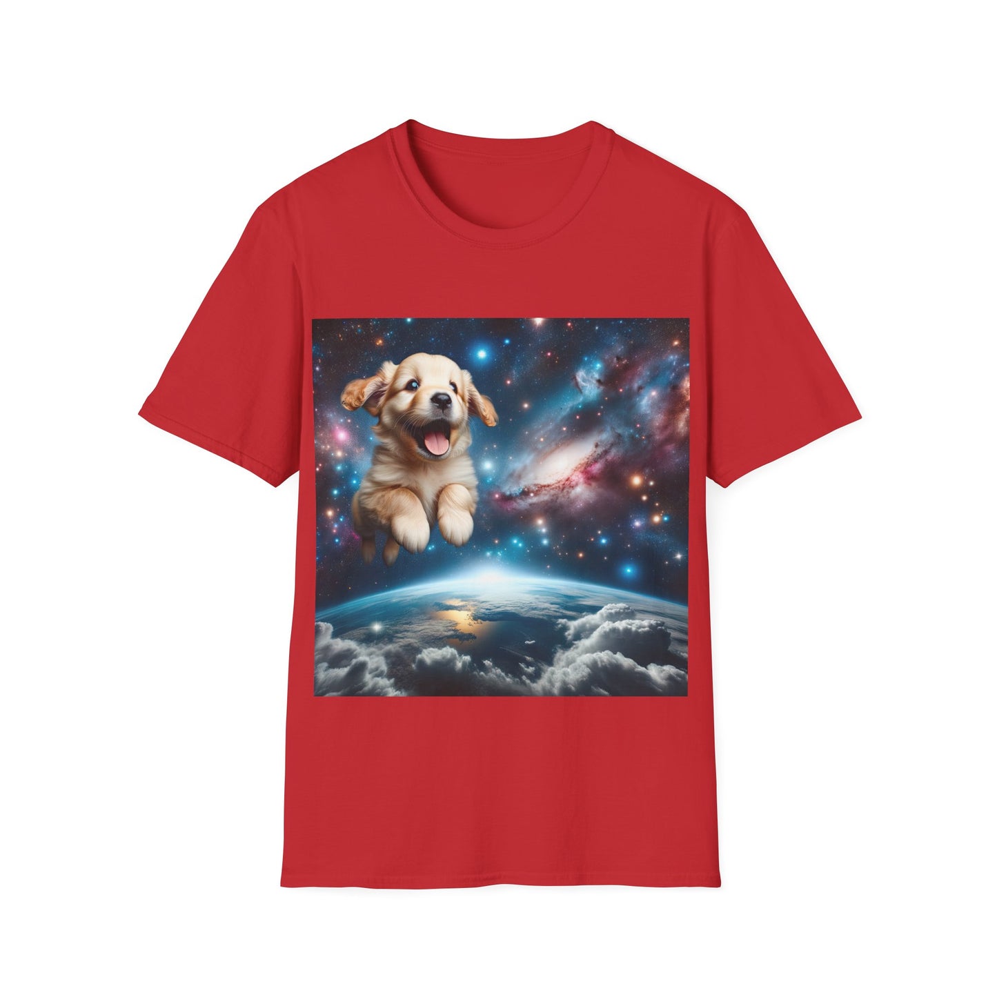 Space Puppy ~ Unisex Softstyle T-Shirt, Cosmic Doggo, Flying Pupper, Good Boi Achieves Escape Velocity