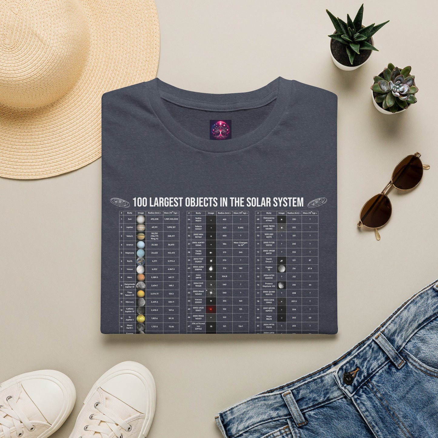 Solar System T Shirt ~ 100 Largest Objects Astronomy Gift Science Present Planetary Orbit Asteroid Belt Oort Cloud Comets Space Exploration