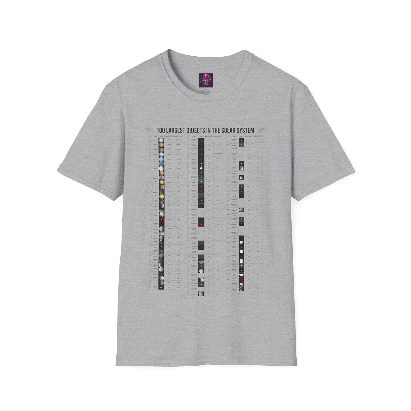 Solar System T Shirt ~ 100 Largest Objects Astronomy Gift Science Present Planetary Orbit Asteroid Belt Oort Cloud Comets Space Exploration
