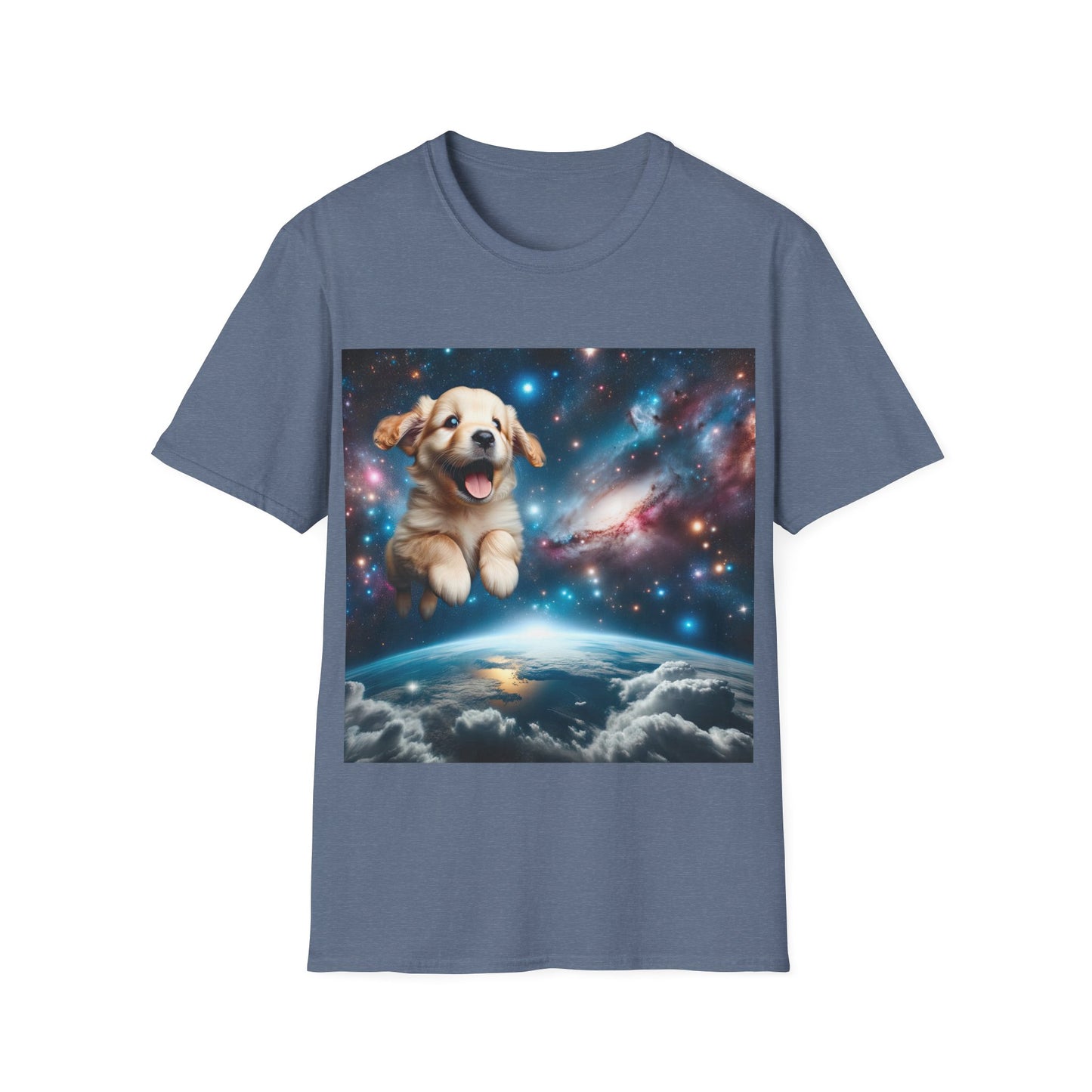 Space Puppy ~ Unisex Softstyle T-Shirt, Cosmic Doggo, Flying Pupper, Good Boi Achieves Escape Velocity