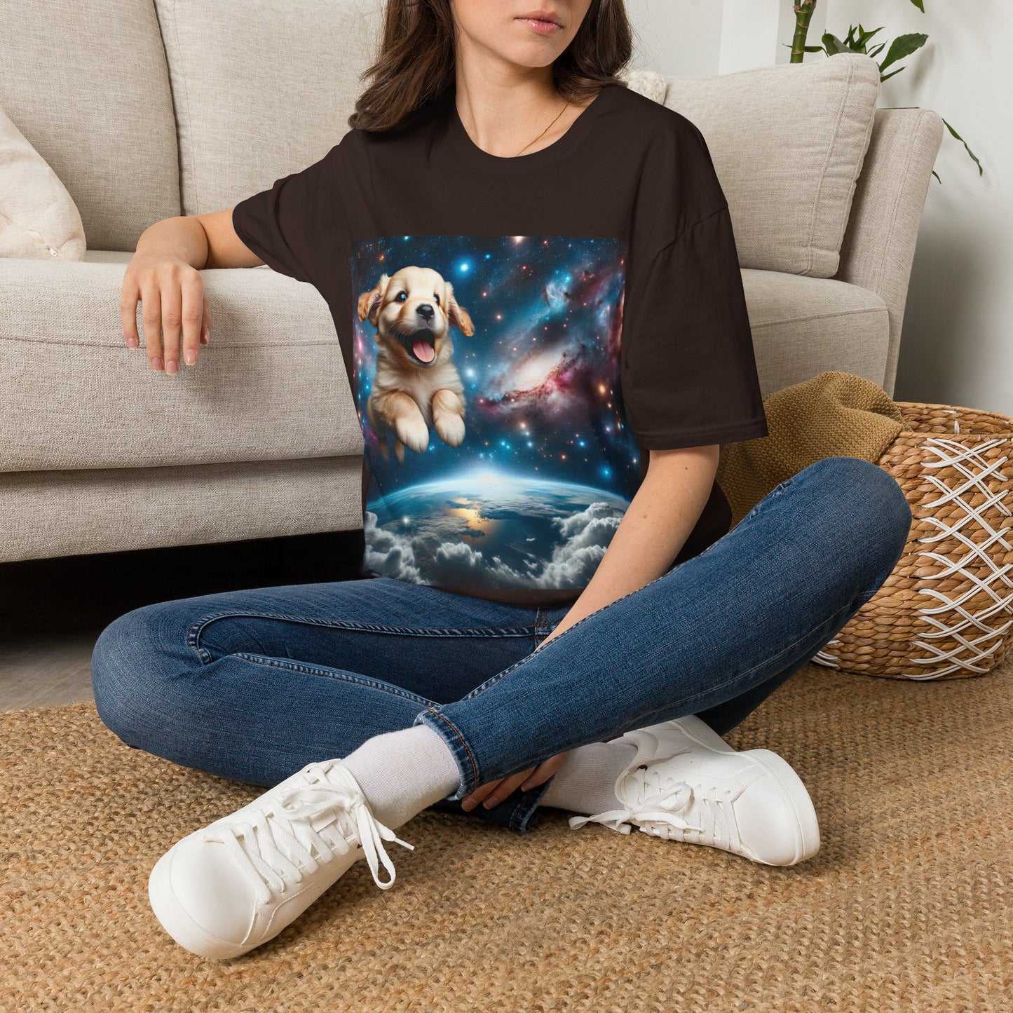 Space Puppy ~ Unisex Softstyle T-Shirt, Cosmic Doggo, Flying Pupper, Good Boi Achieves Escape Velocity