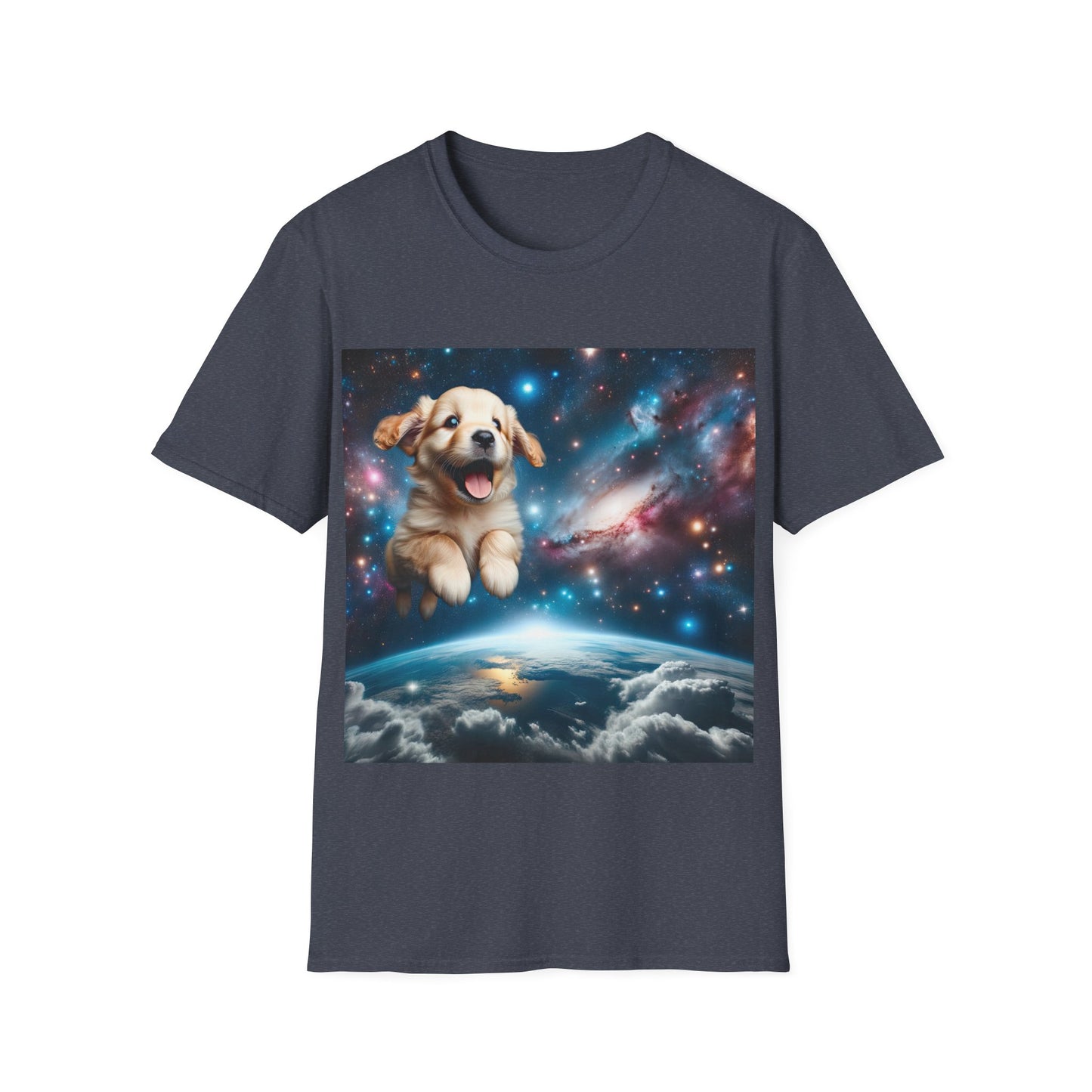 Space Puppy ~ Unisex Softstyle T-Shirt, Cosmic Doggo, Flying Pupper, Good Boi Achieves Escape Velocity