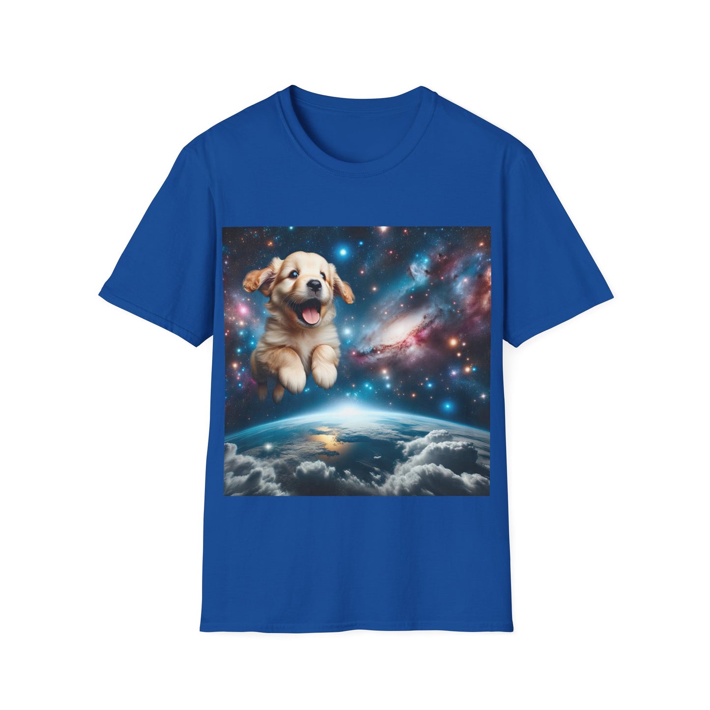 Space Puppy ~ Unisex Softstyle T-Shirt, Cosmic Doggo, Flying Pupper, Good Boi Achieves Escape Velocity