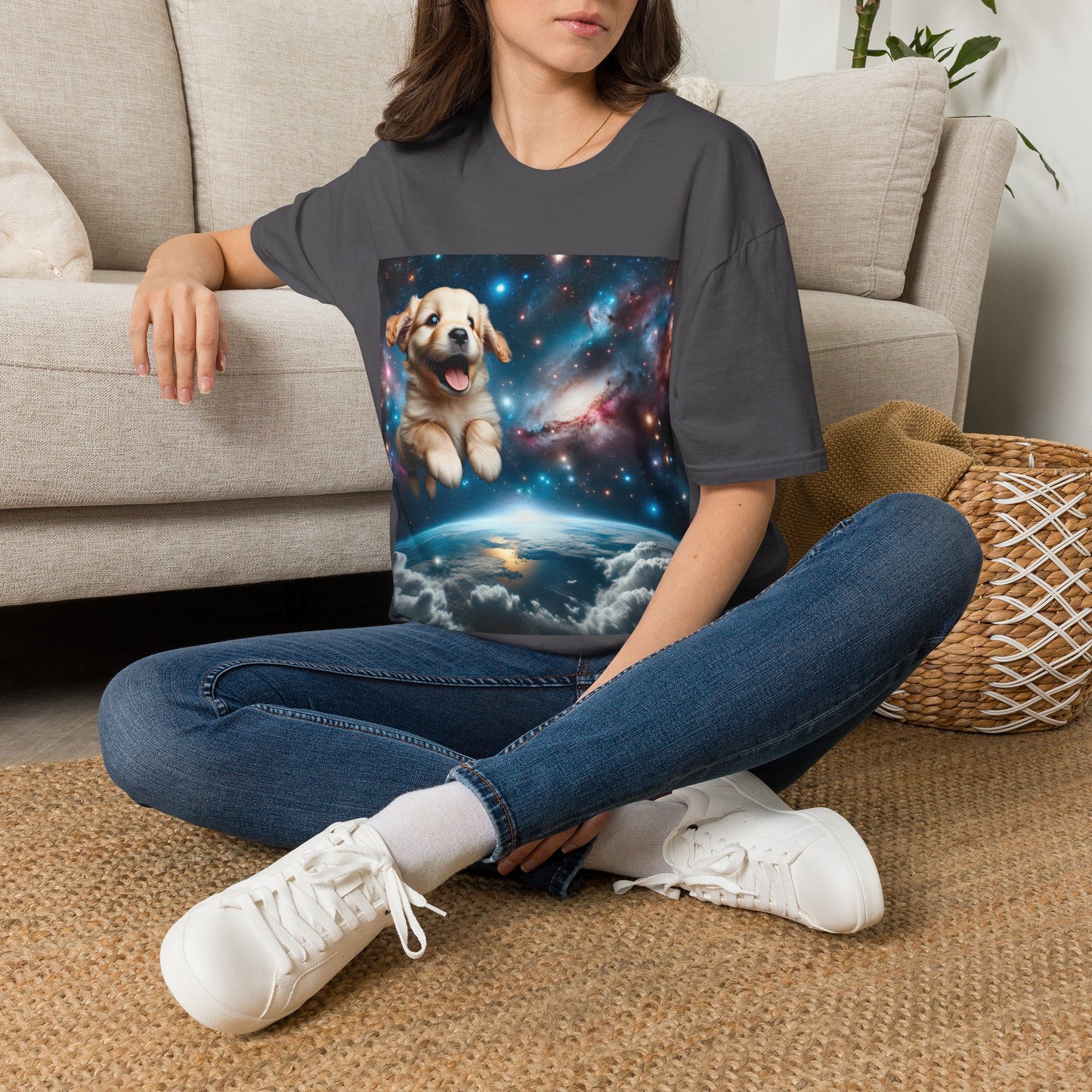 Space Puppy ~ Unisex Softstyle T-Shirt, Cosmic Doggo, Flying Pupper, Good Boi Achieves Escape Velocity