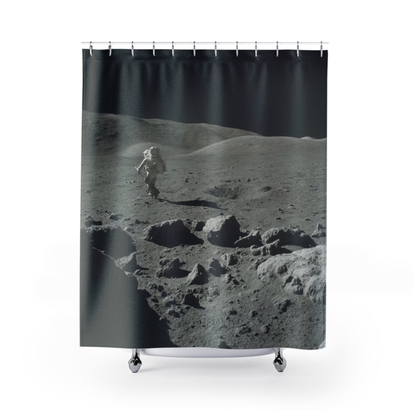Moon Walking Shower Curtains ~ Lunar Landing Mission Apollo 17 NASA Astronomy Astrophysics Regolith Space Decor Science Cosmic Planets Chill