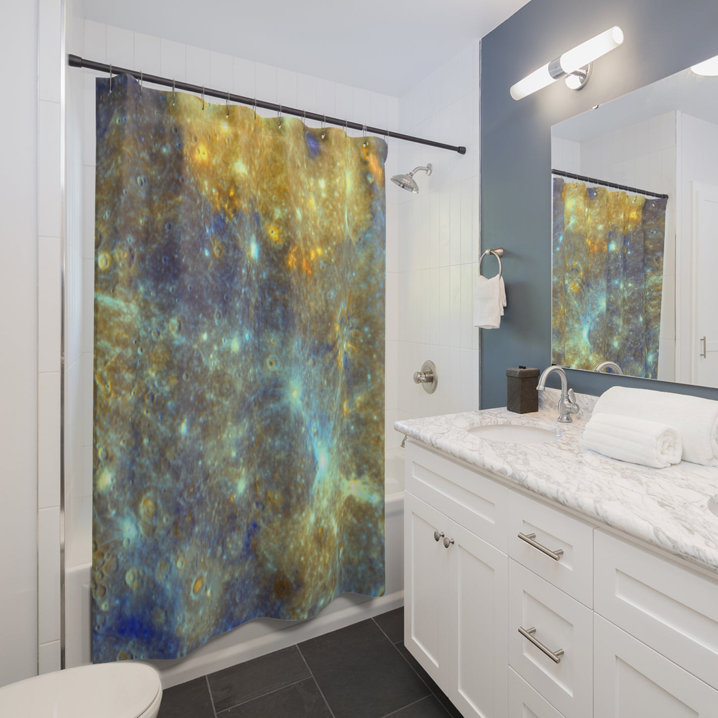 Mercury Surface Shower Curtains ~ Planets and Chill Astronomy Astrophysics Space Decor Regolith Science NASA Messenger Spacecraft