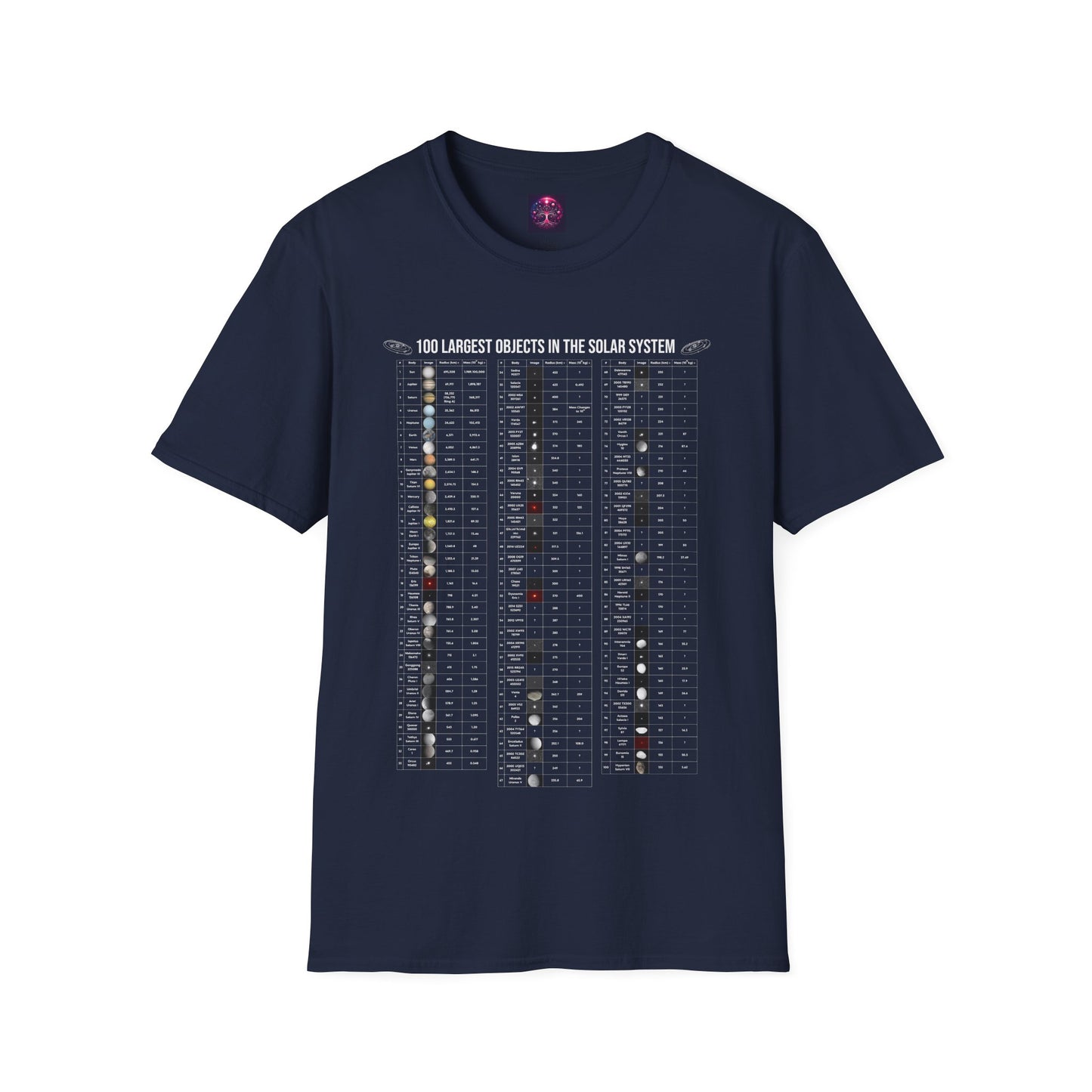 Solar System T Shirt ~ 100 Largest Objects Astronomy Gift Science Present Planetary Orbit Asteroid Belt Oort Cloud Comets Space Exploration