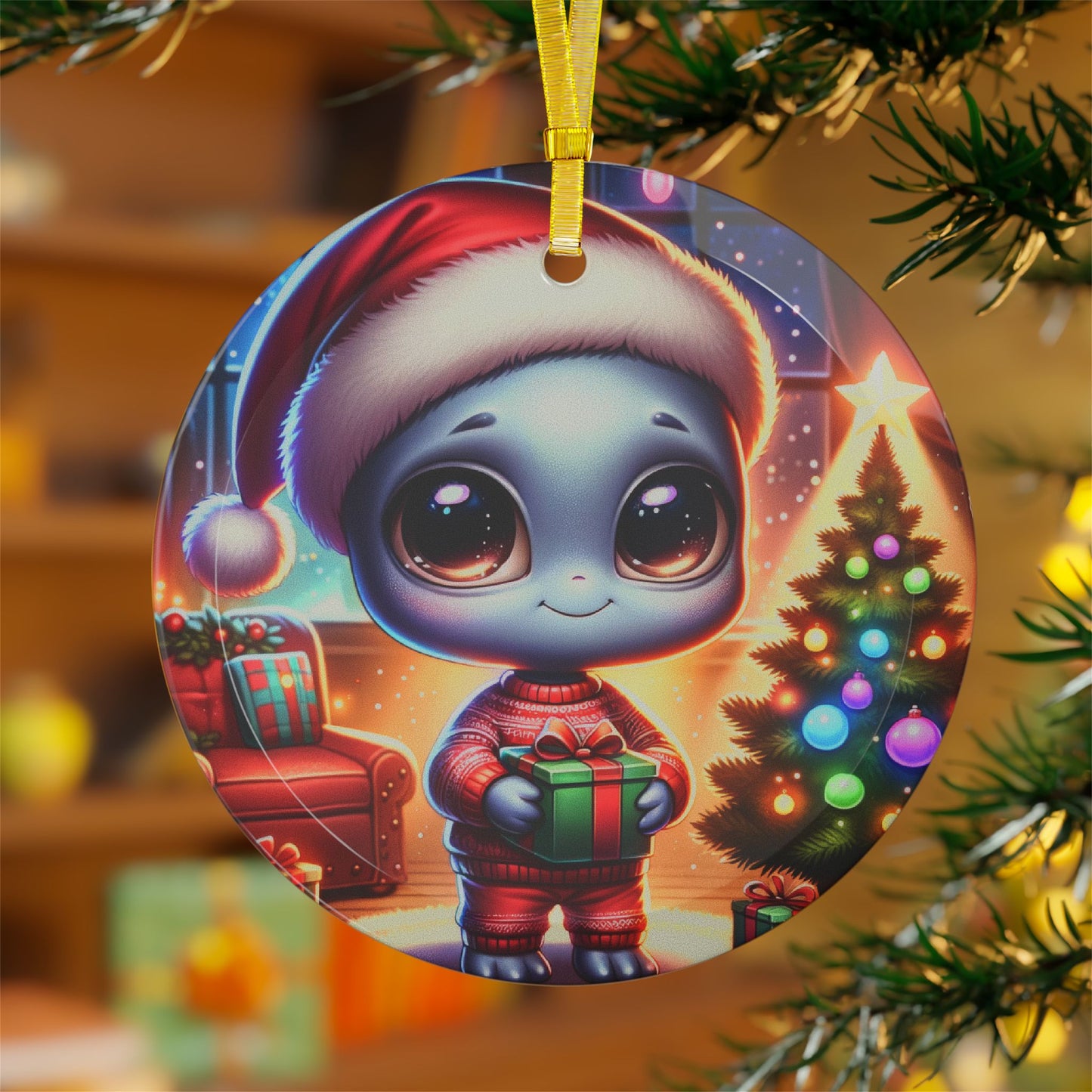 Cute Grey Alien Glass Ornament ~ Holiday Christmas UFOs Paranormal Unexplained Extraterrestrials UAP Disclosure Phenomenon Space Phenomenon