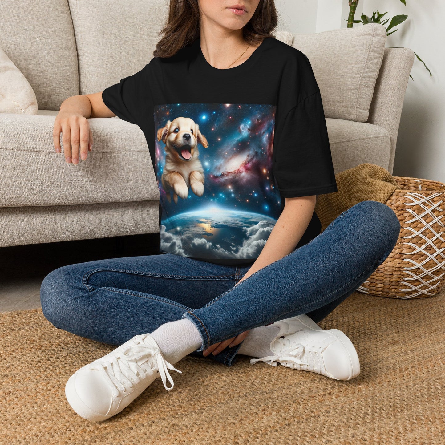 Space Puppy ~ Unisex Softstyle T-Shirt, Cosmic Doggo, Flying Pupper, Good Boi Achieves Escape Velocity