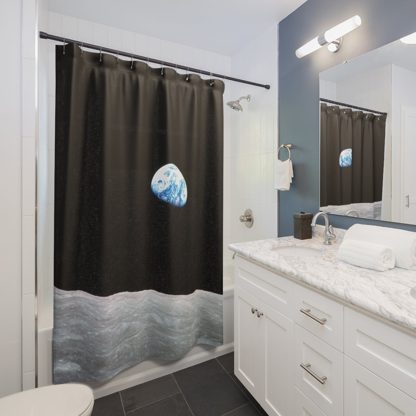 Earthrise Shower Curtains ~ Blue Marble Earth From the Moon Astronomy Astrophysics Lunar Surface Space Decor Science Cosmic Science NASA