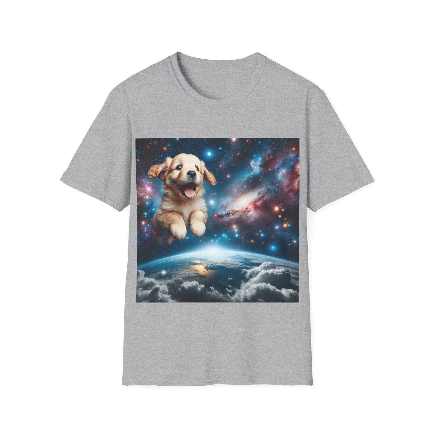 Space Puppy ~ Unisex Softstyle T-Shirt, Cosmic Doggo, Flying Pupper, Good Boi Achieves Escape Velocity