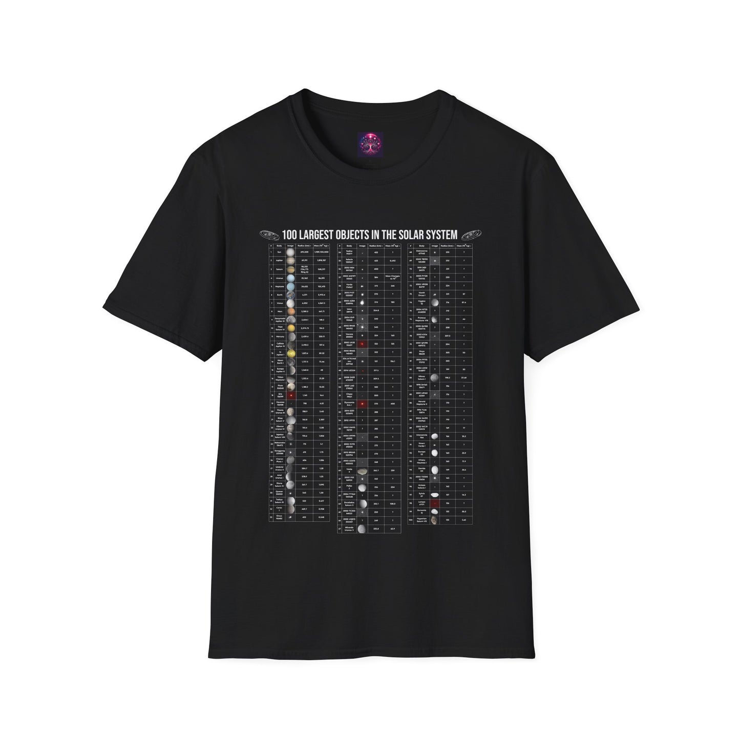 Solar System T Shirt ~ 100 Largest Objects Astronomy Gift Science Present Planetary Orbit Asteroid Belt Oort Cloud Comets Space Exploration