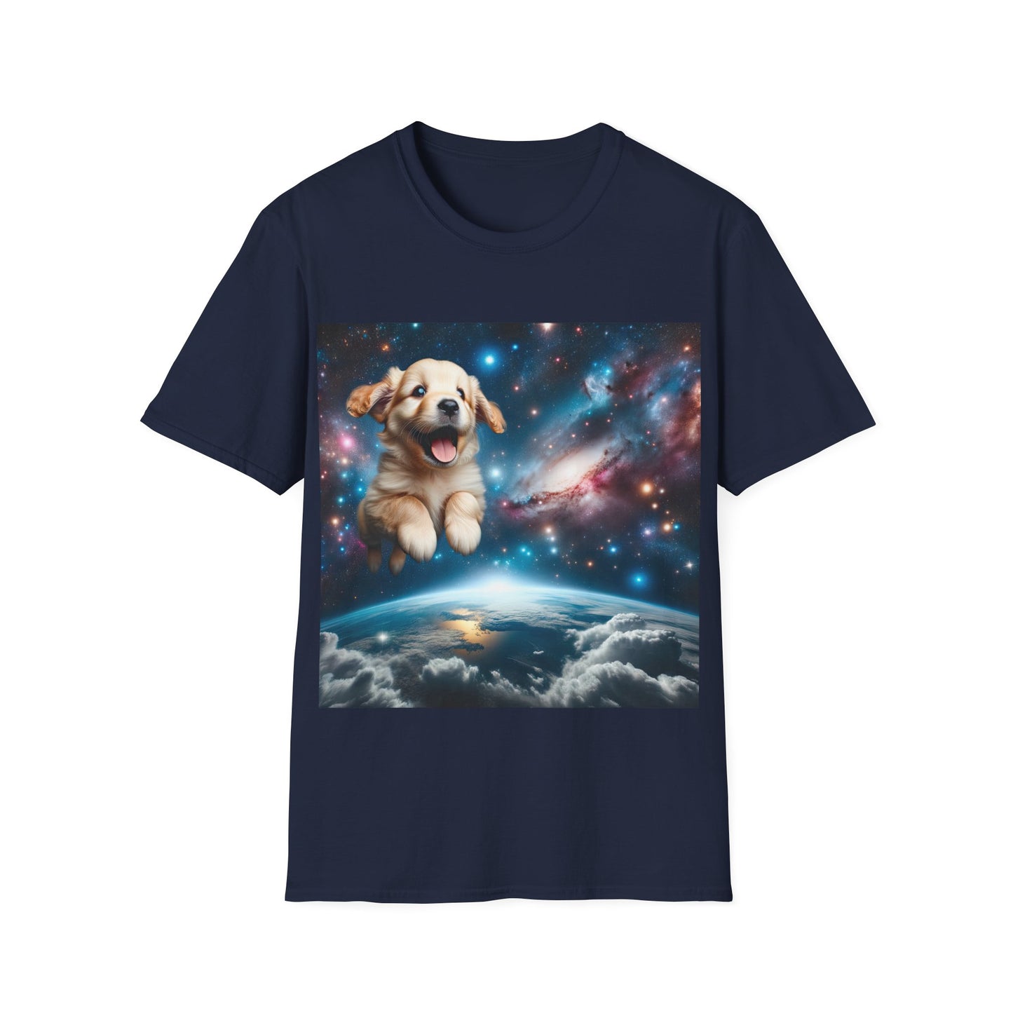 Space Puppy ~ Unisex Softstyle T-Shirt, Cosmic Doggo, Flying Pupper, Good Boi Achieves Escape Velocity