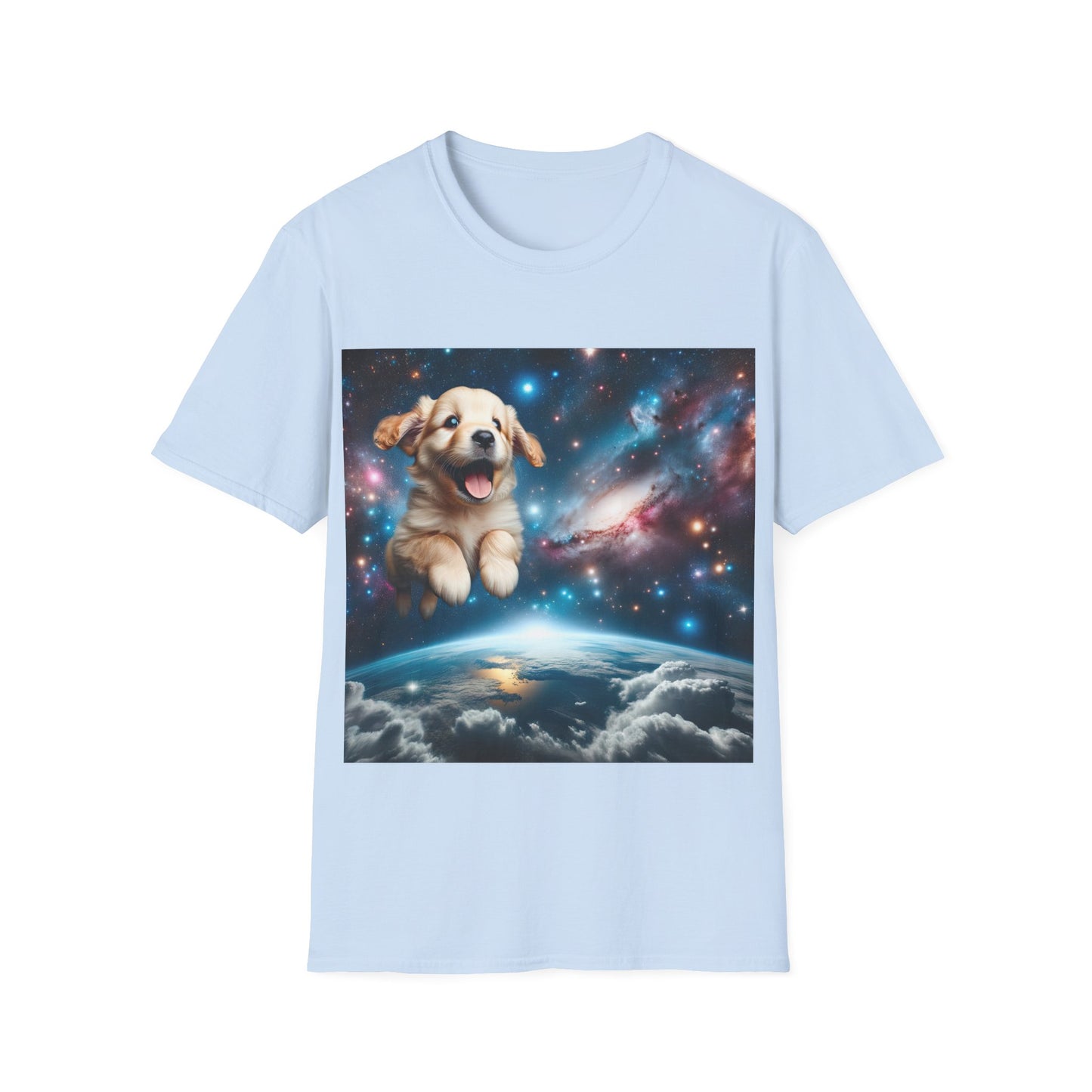Space Puppy ~ Unisex Softstyle T-Shirt, Cosmic Doggo, Flying Pupper, Good Boi Achieves Escape Velocity
