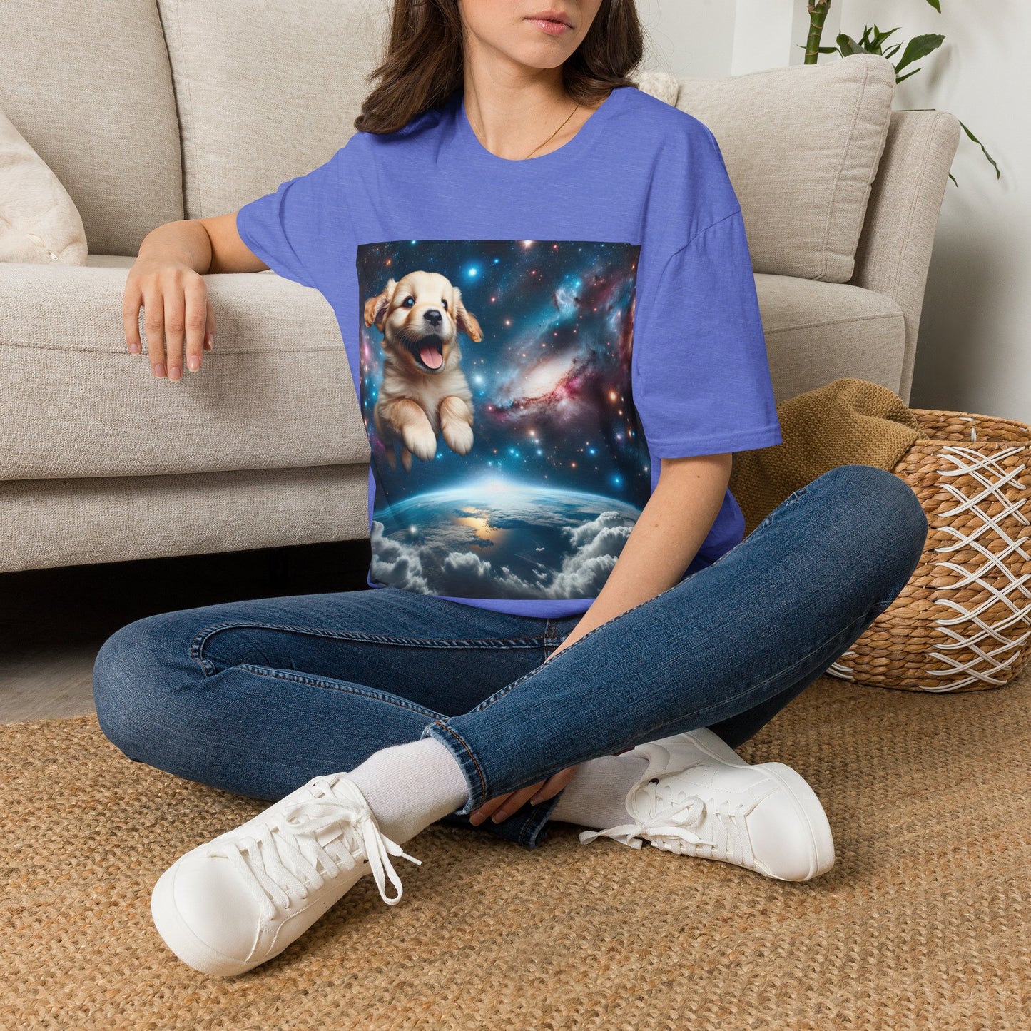 Space Puppy ~ Unisex Softstyle T-Shirt, Cosmic Doggo, Flying Pupper, Good Boi Achieves Escape Velocity