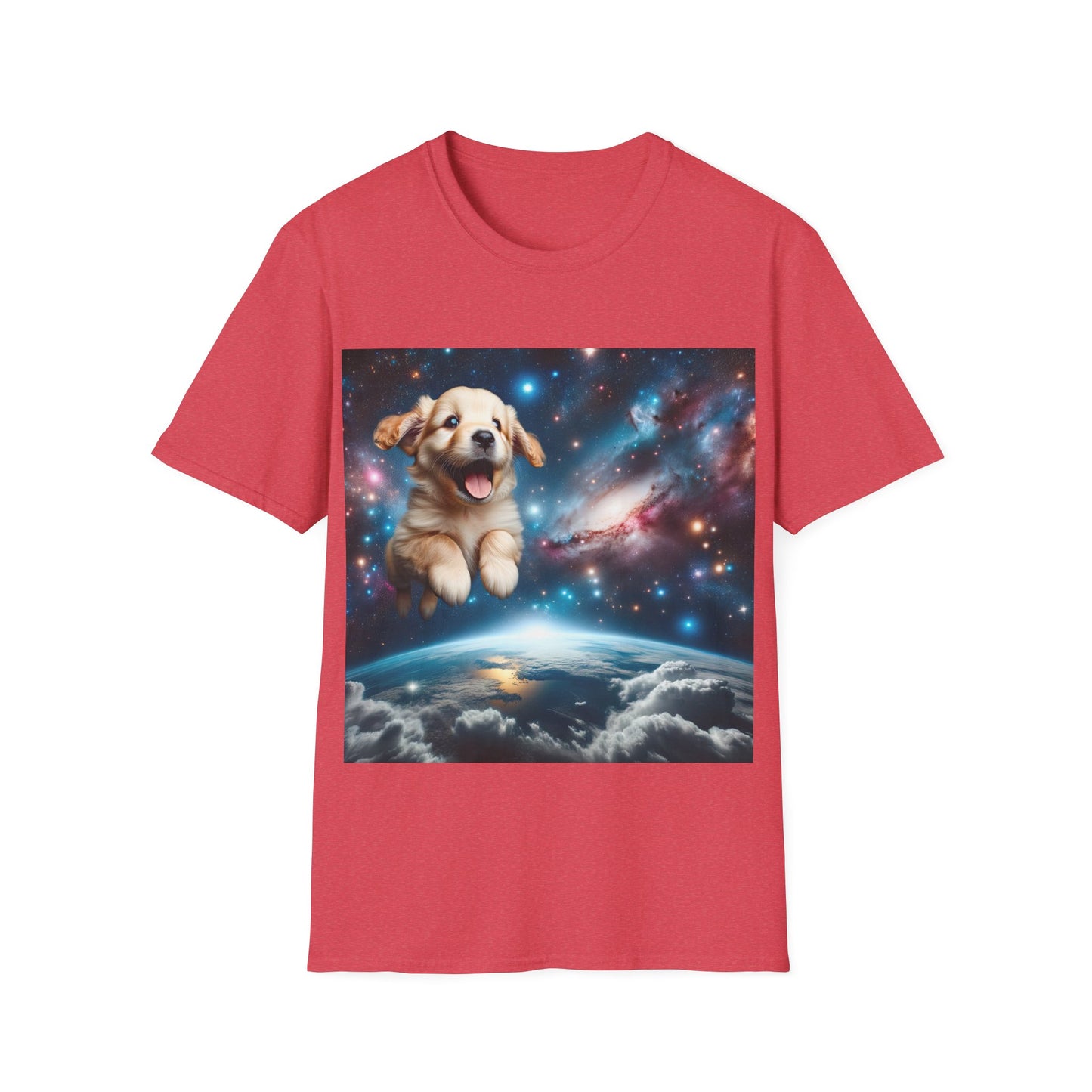 Space Puppy ~ Unisex Softstyle T-Shirt, Cosmic Doggo, Flying Pupper, Good Boi Achieves Escape Velocity