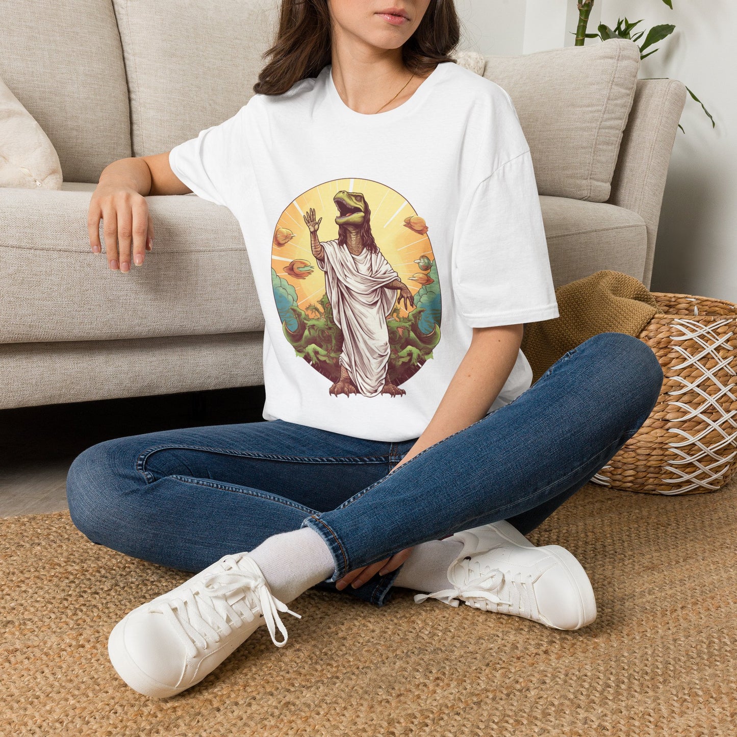 Dinosaur Jesus ~ Unisex Softstyle T-Shirt, Dinos, Jesus, UFOs