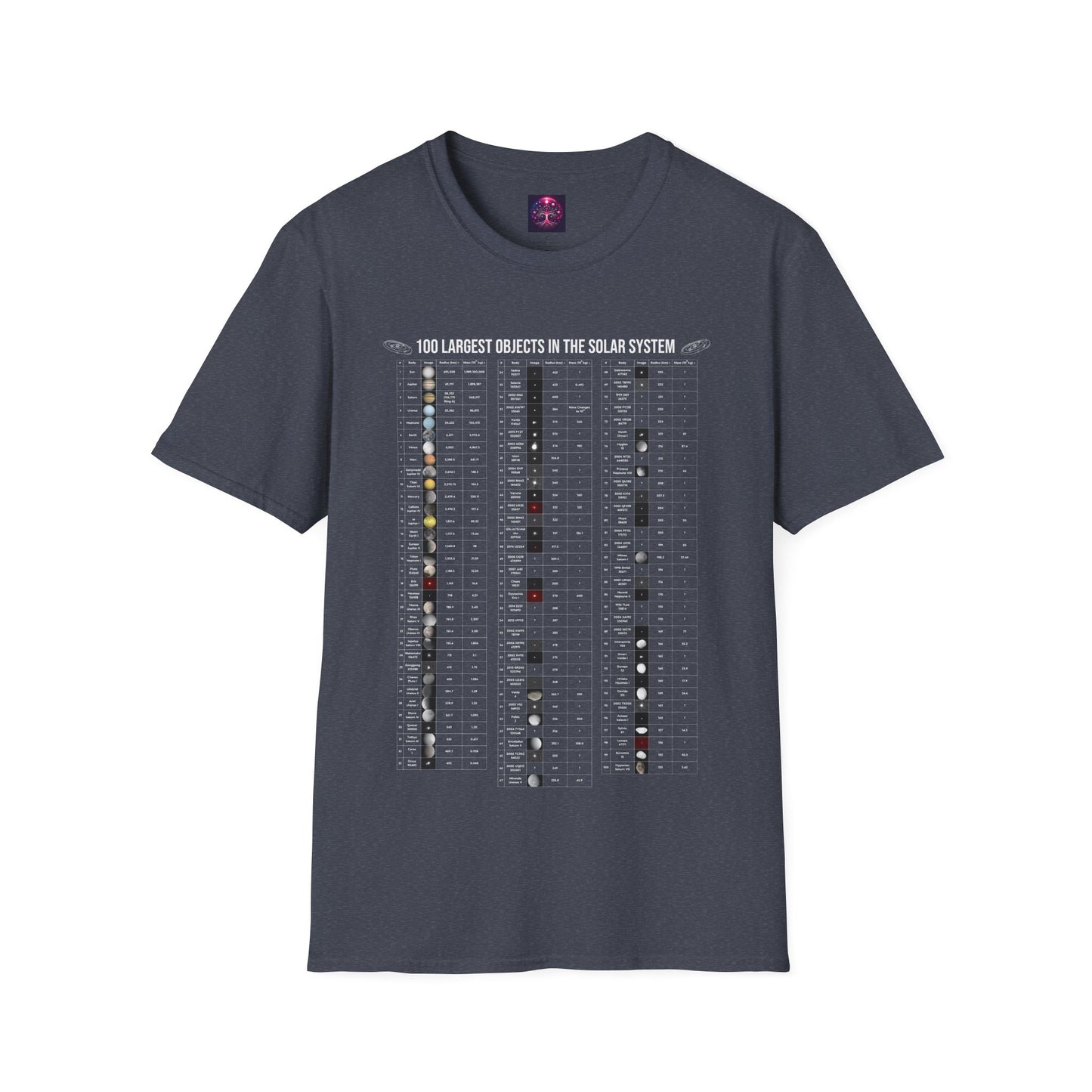 Solar System T Shirt ~ 100 Largest Objects Astronomy Gift Science Present Planetary Orbit Asteroid Belt Oort Cloud Comets Space Exploration
