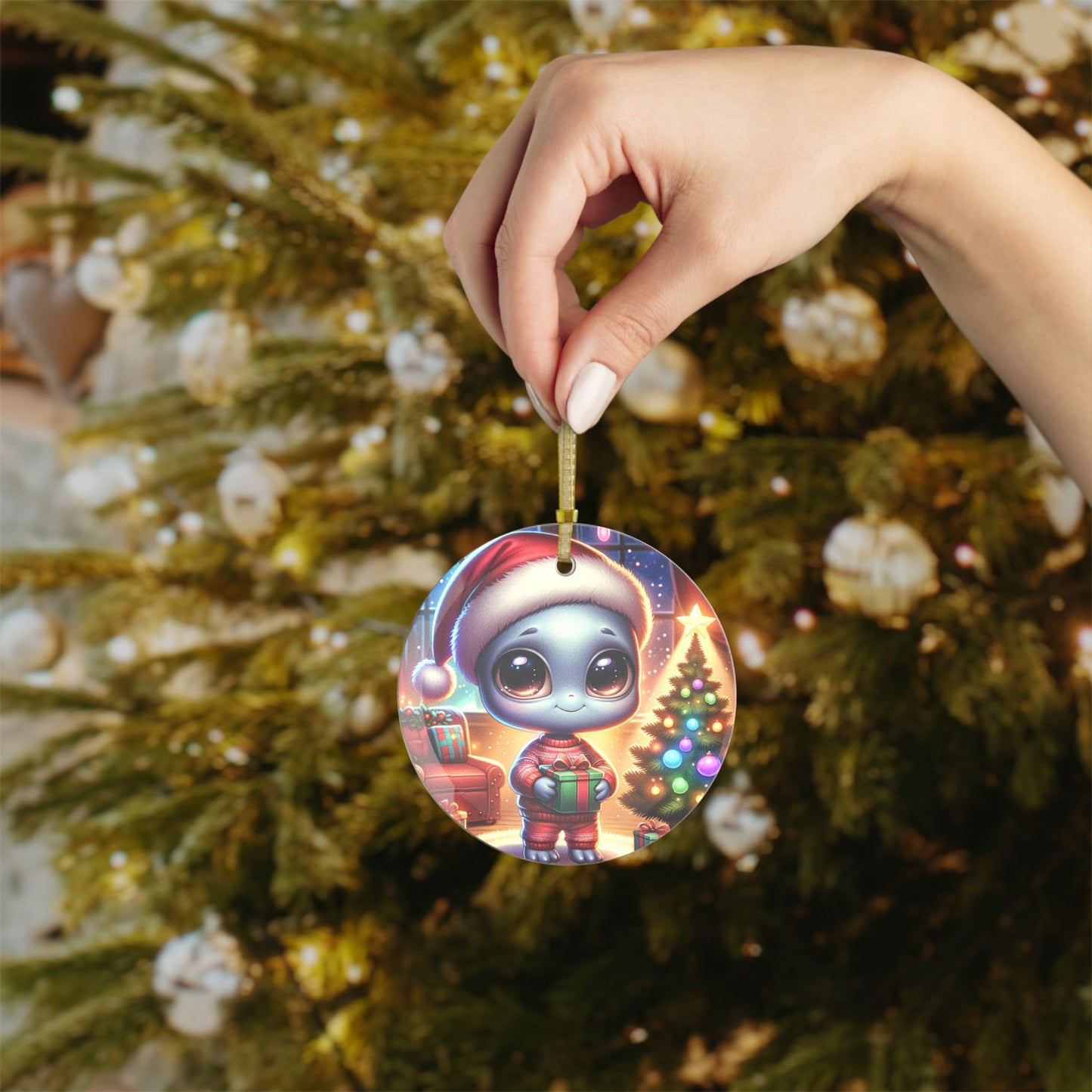 Cute Grey Alien Glass Ornament ~ Holiday Christmas UFOs Paranormal Unexplained Extraterrestrials UAP Disclosure Phenomenon Space Phenomenon