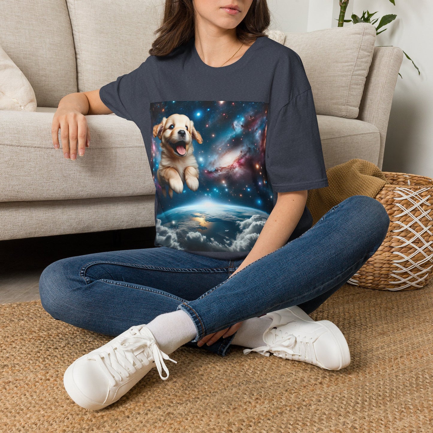 Space Puppy ~ Unisex Softstyle T-Shirt, Cosmic Doggo, Flying Pupper, Good Boi Achieves Escape Velocity