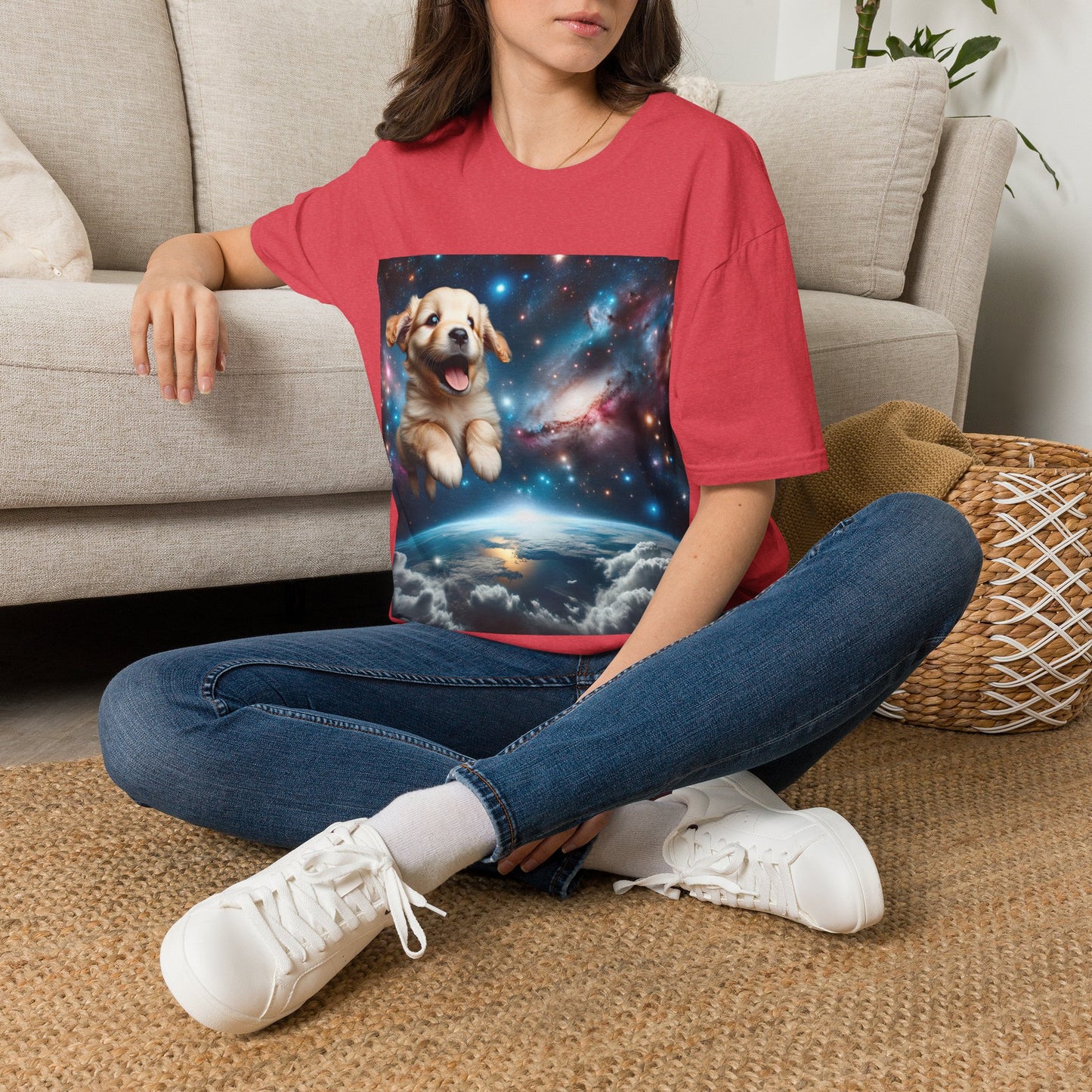 Space Puppy ~ Unisex Softstyle T-Shirt, Cosmic Doggo, Flying Pupper, Good Boi Achieves Escape Velocity