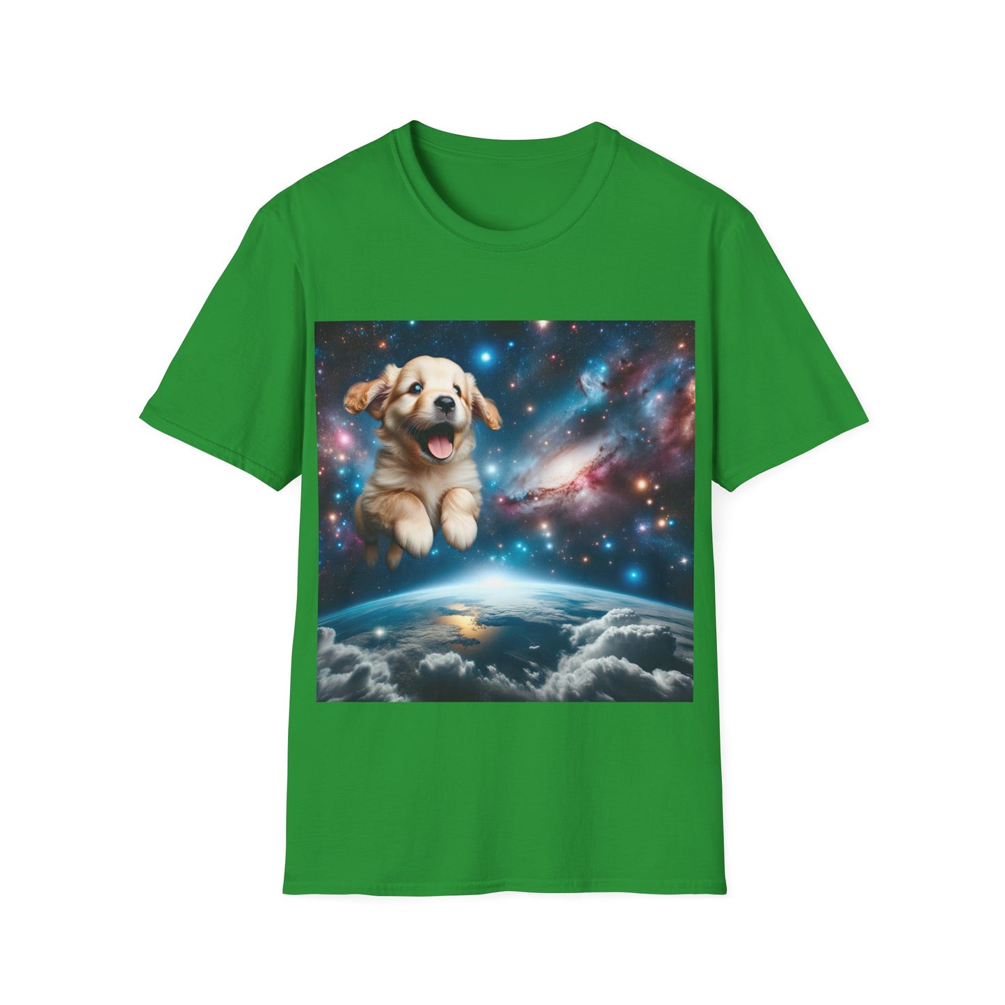 Space Puppy ~ Unisex Softstyle T-Shirt, Cosmic Doggo, Flying Pupper, Good Boi Achieves Escape Velocity
