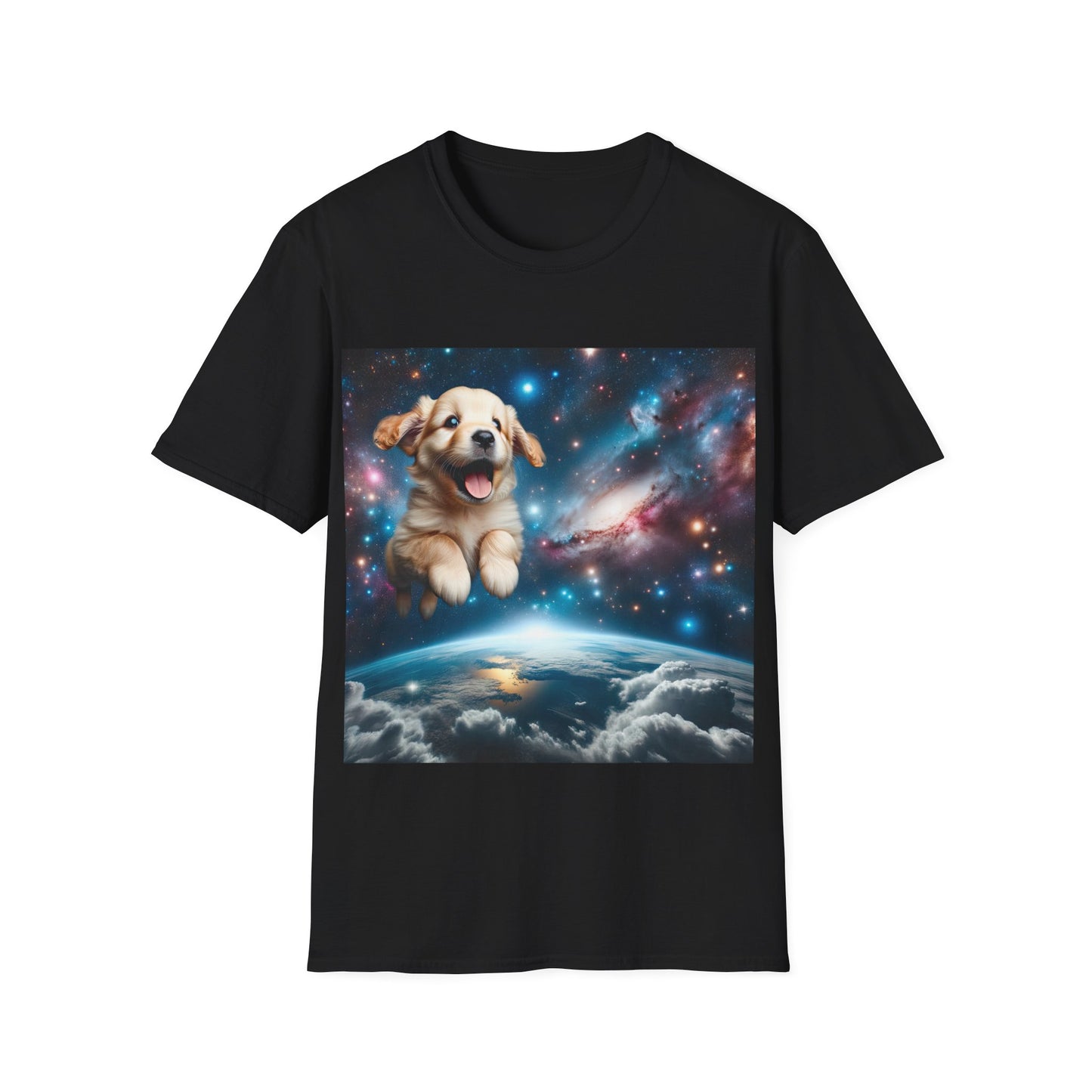 Space Puppy ~ Unisex Softstyle T-Shirt, Cosmic Doggo, Flying Pupper, Good Boi Achieves Escape Velocity