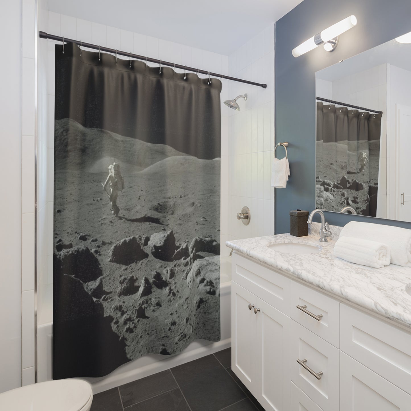 Moon Walking Shower Curtains ~ Lunar Landing Mission Apollo 17 NASA Astronomy Astrophysics Regolith Space Decor Science Cosmic Planets Chill