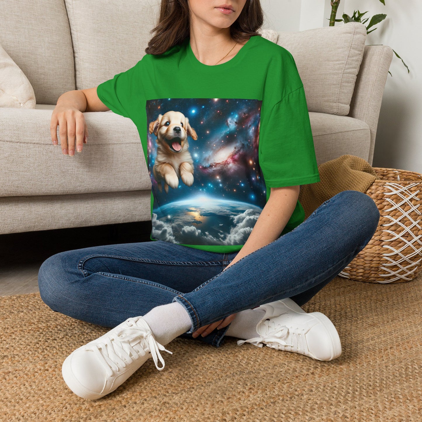 Space Puppy ~ Unisex Softstyle T-Shirt, Cosmic Doggo, Flying Pupper, Good Boi Achieves Escape Velocity
