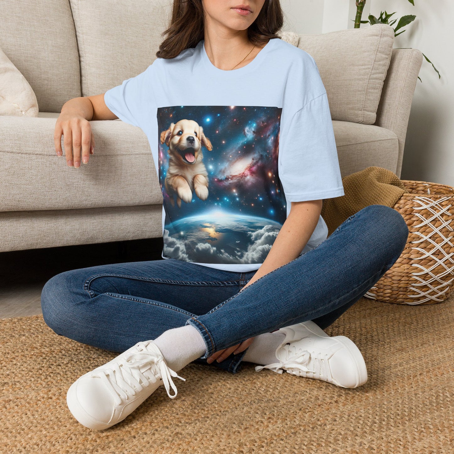 Space Puppy ~ Unisex Softstyle T-Shirt, Cosmic Doggo, Flying Pupper, Good Boi Achieves Escape Velocity