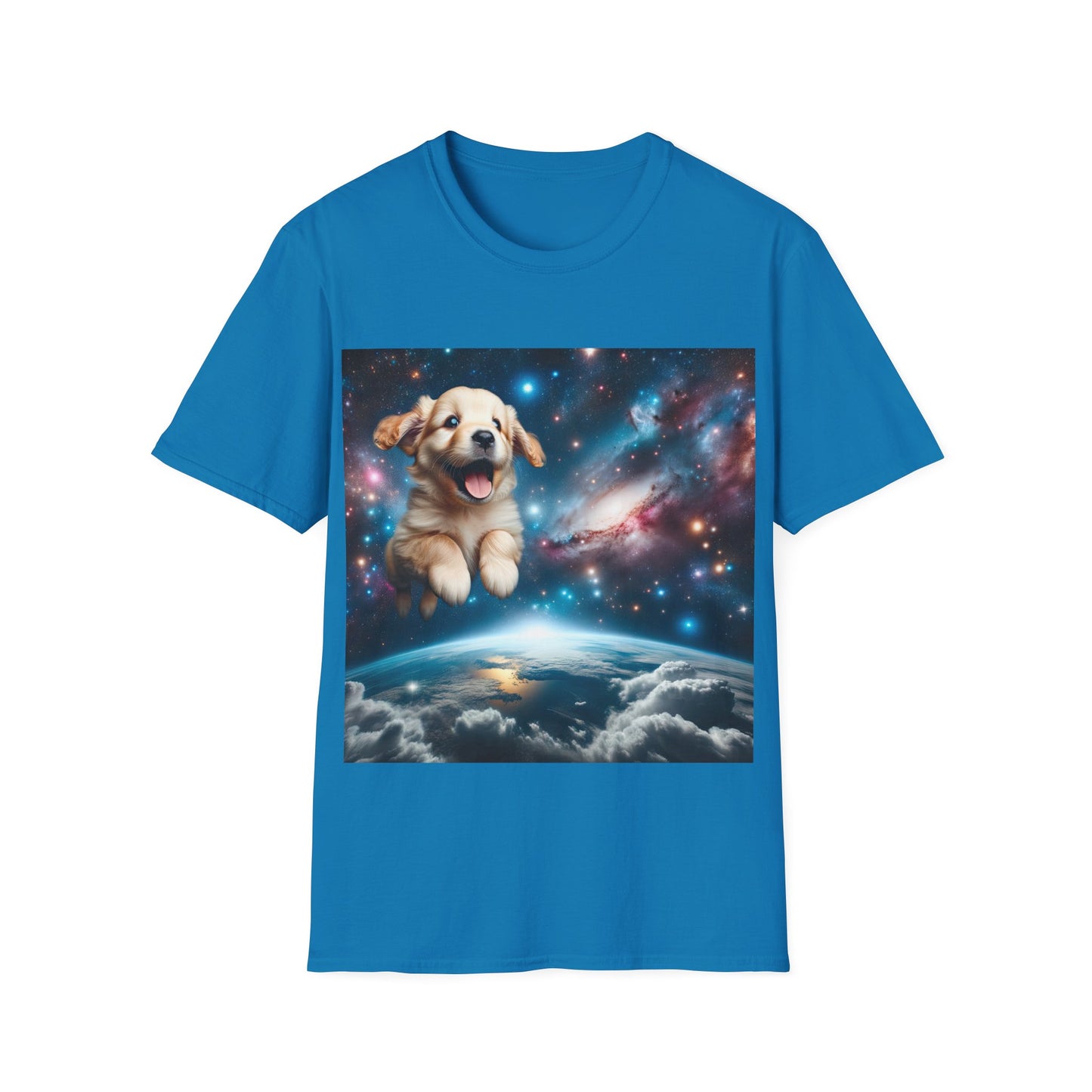 Space Puppy ~ Unisex Softstyle T-Shirt, Cosmic Doggo, Flying Pupper, Good Boi Achieves Escape Velocity