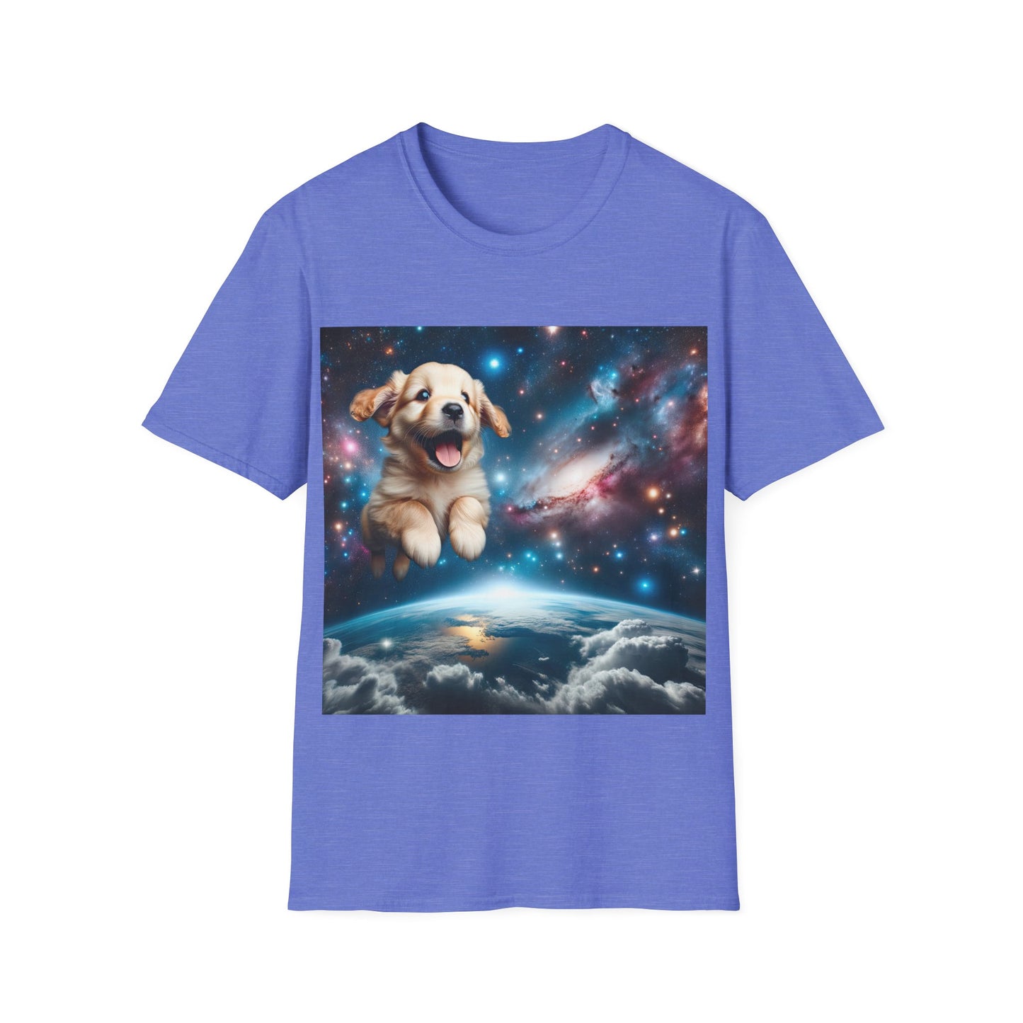Space Puppy ~ Unisex Softstyle T-Shirt, Cosmic Doggo, Flying Pupper, Good Boi Achieves Escape Velocity
