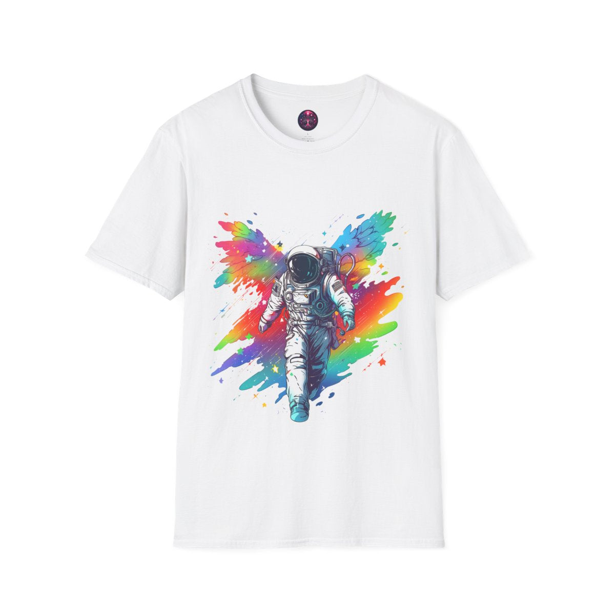 Astronaut Angel T Shirt ~ Cosmic Space Exploration Rainbow Cosmonaut - full design front view