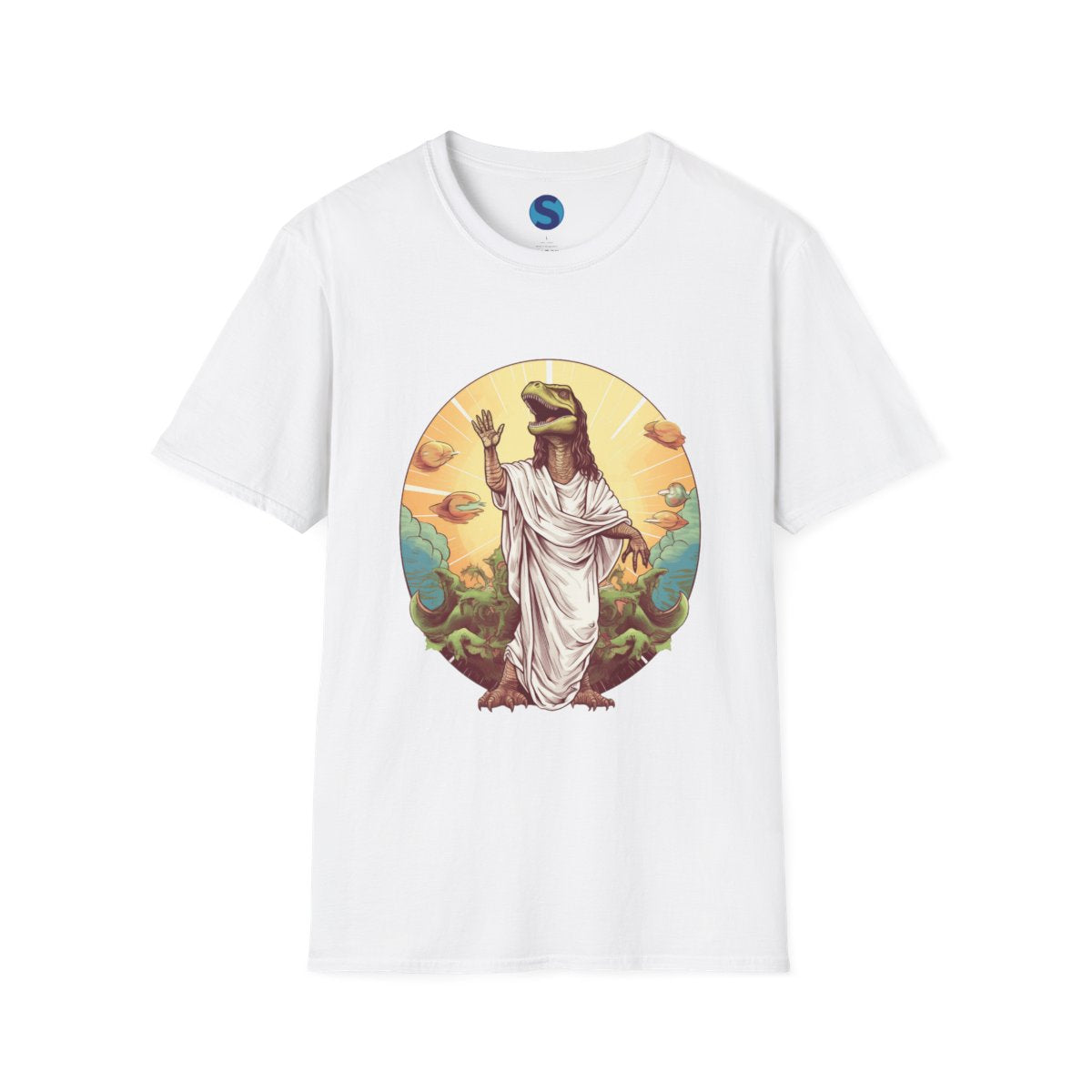 Dinosaur Jesus ~ Unisex Softstyle T-Shirt, Dinos, Jesus, UFOs - full design front view