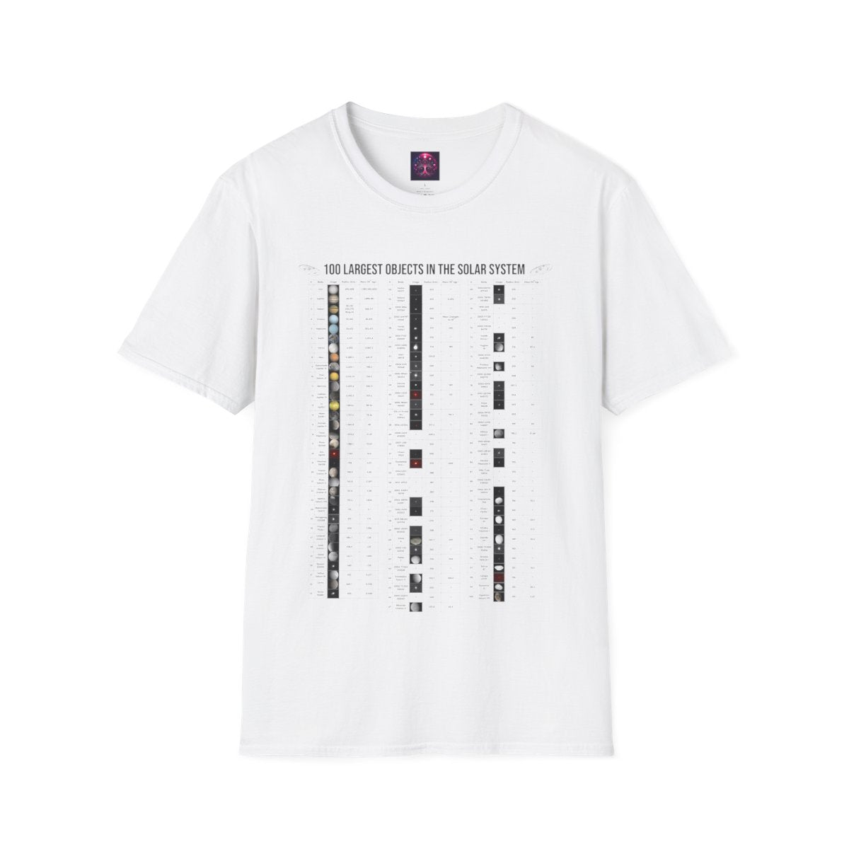 Solar System T Shirt ~ 100 Largest Objects Astronomy Gift Science Present Planetary Orbit Asteroid Belt Oort Cloud Comets Space Exploration - full design front view