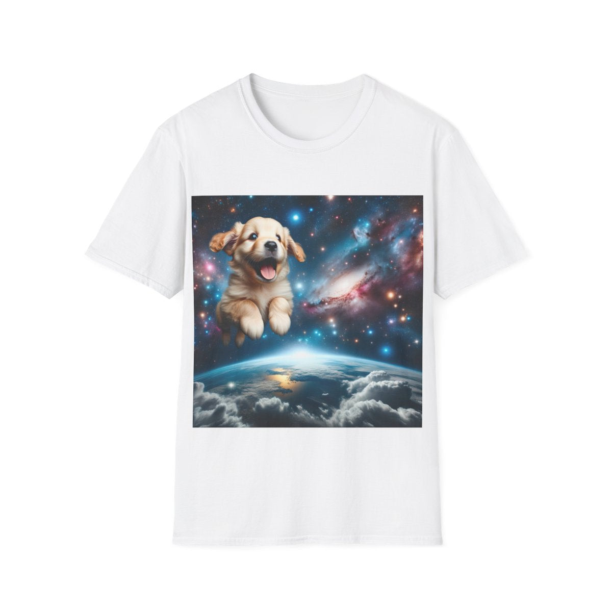 Space Puppy ~ Unisex Softstyle T-Shirt, Cosmic Doggo, Flying Pupper, Good Boi Achieves Escape Velocity - full design front view